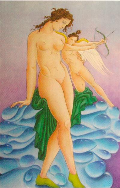 Aphrodite Teaching Eros to Shoot commisioned paintings by toronto artist Cynthia van Leeuwen