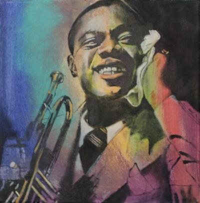 Portrait of Louis Armstrong painted by Toronto Ontario freelance artist Cynthia van Leeuwen